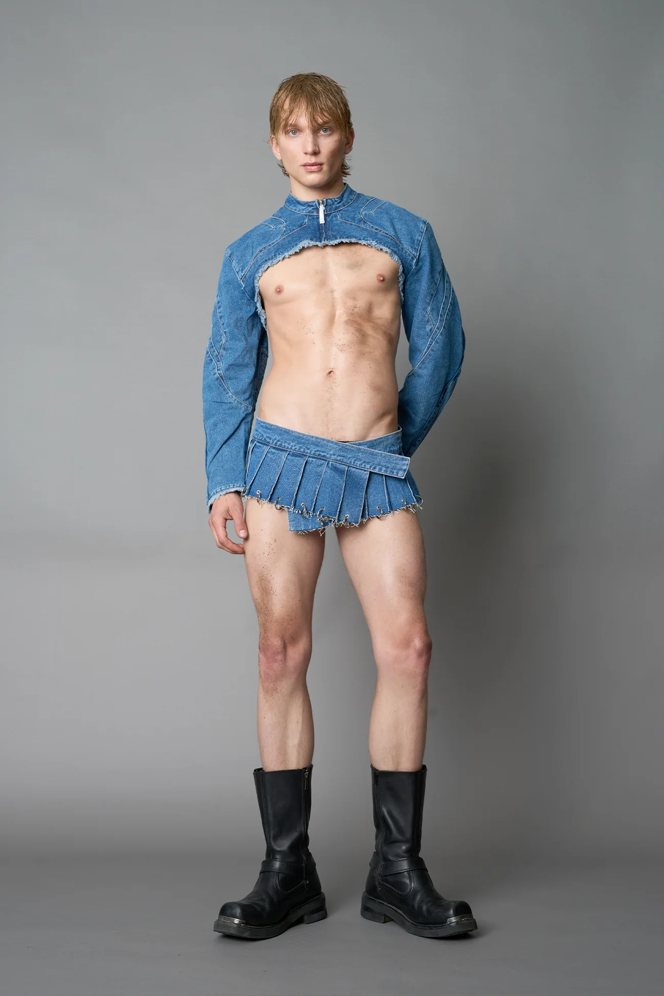 Denim Pleated Mini Skirt With Rings - Image 15