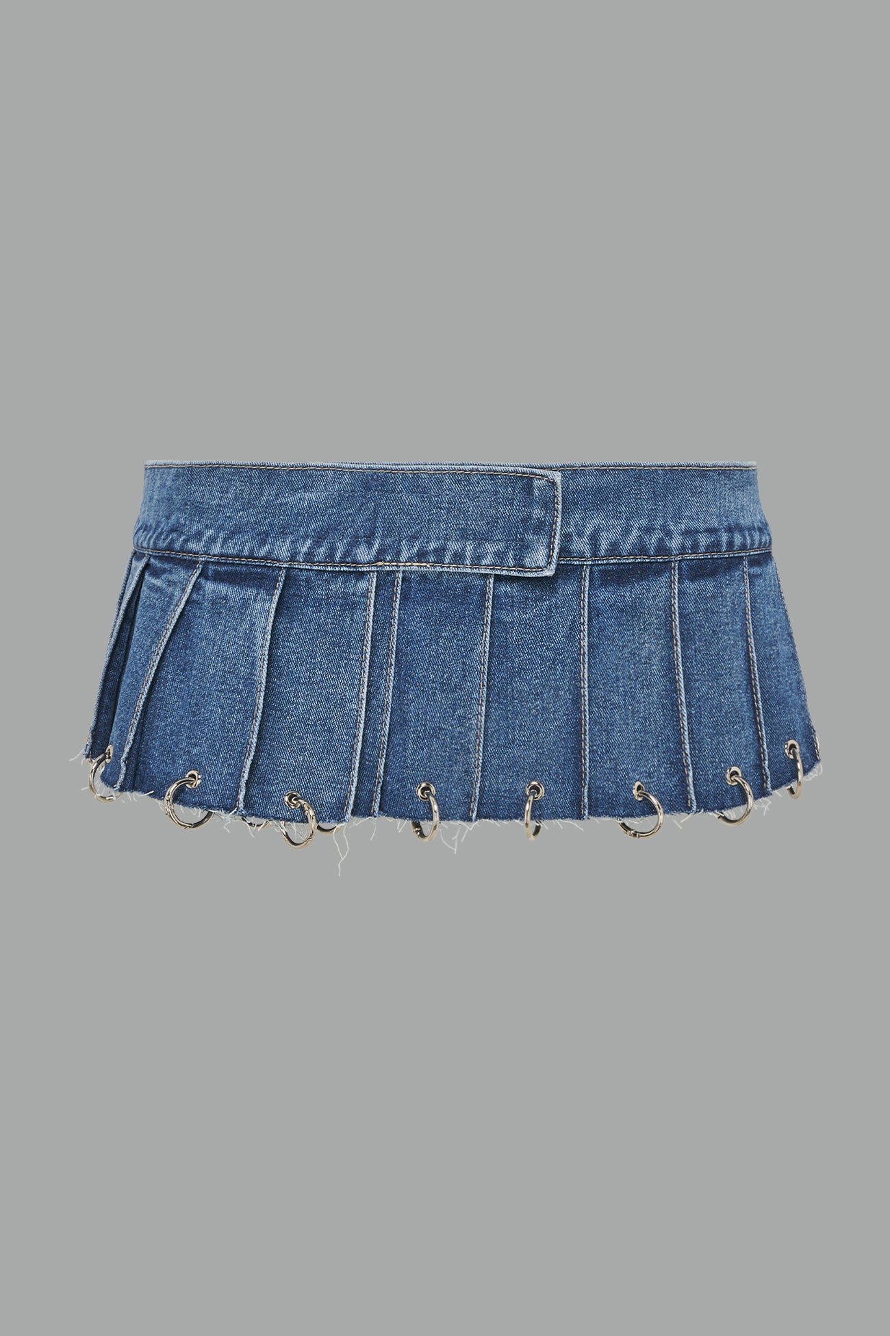 Denim Pleated Mini Skirt With Rings - Image 9