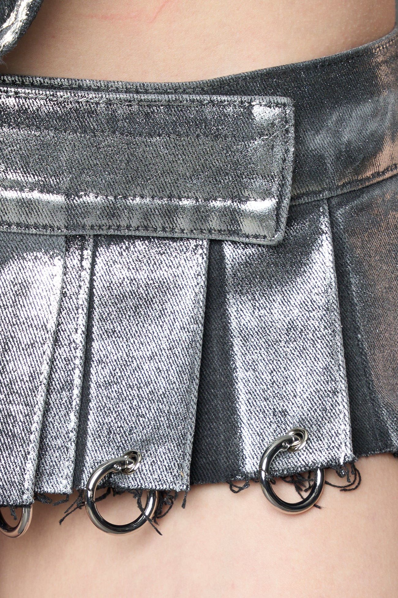 Silver Plated Denim Mini Skirt With Rings - Image 5