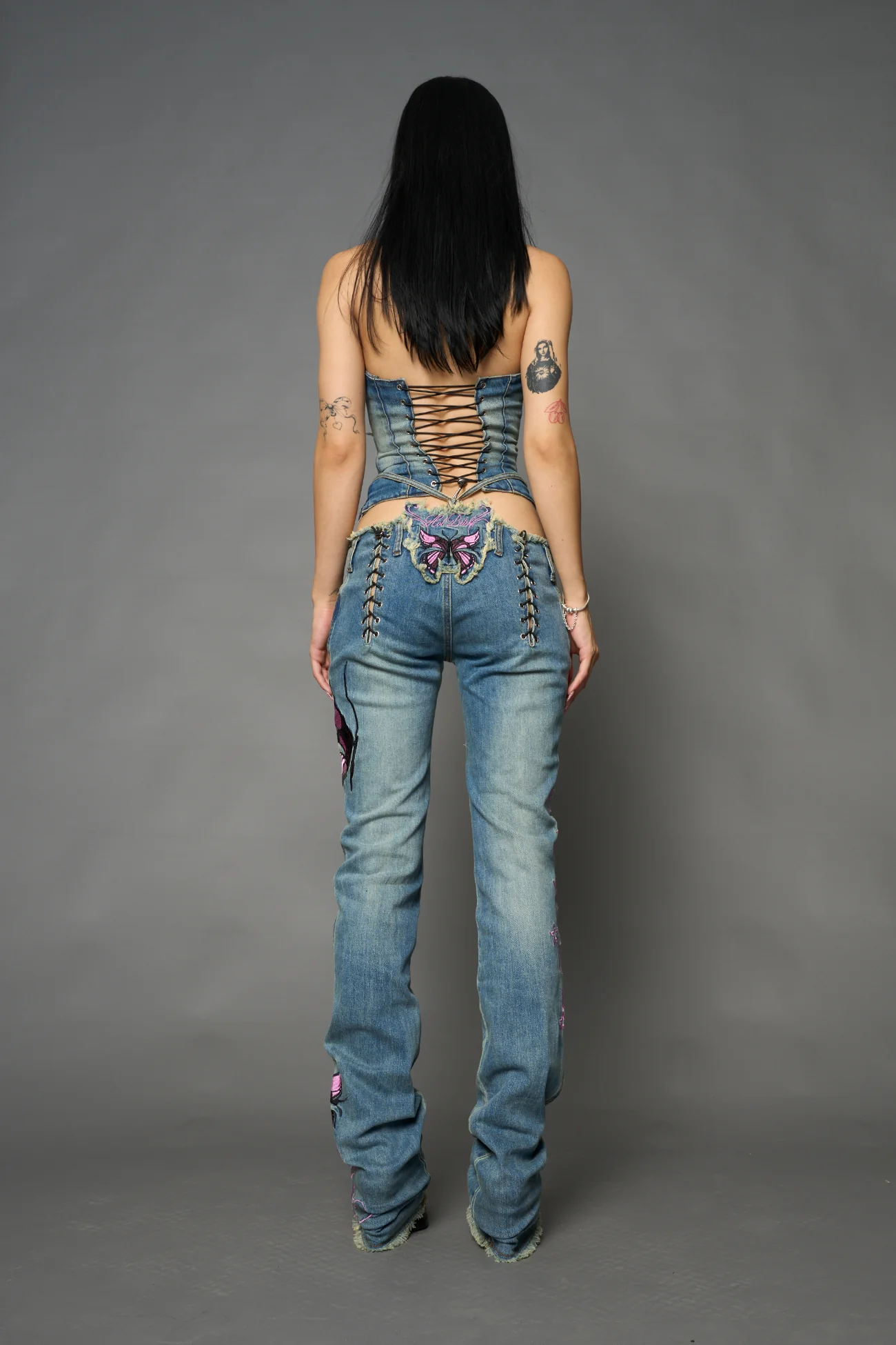 Denim embroidered Thong Pants - Image 3