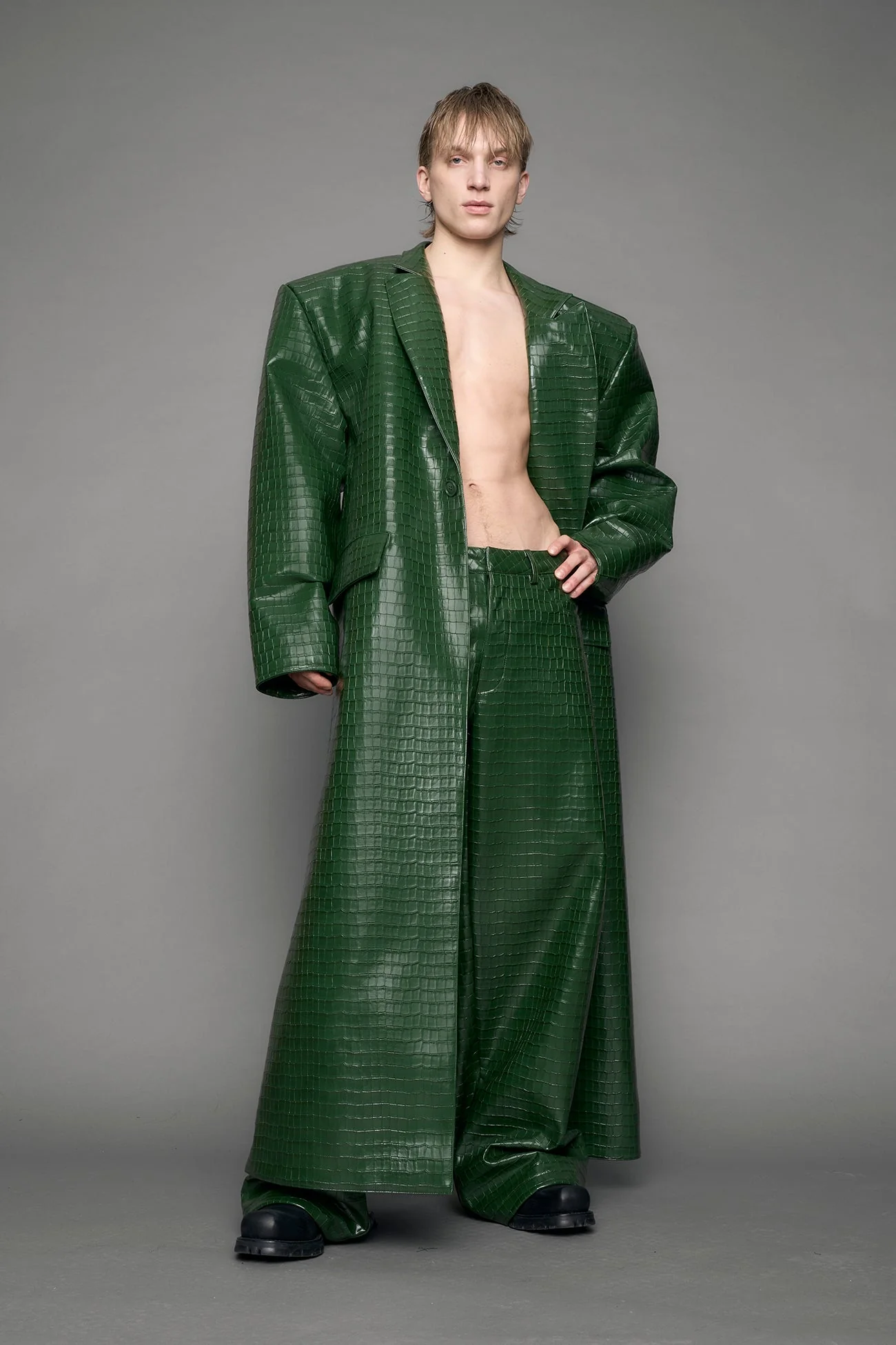 Leather Elongated Croc Blazer Coat - Image 13