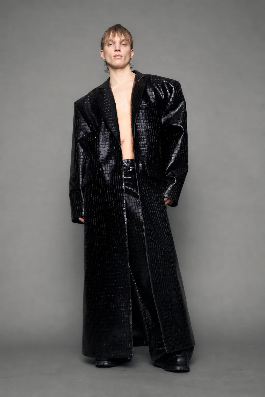 Leather Elongated Croc Blazer Coat - Image 2