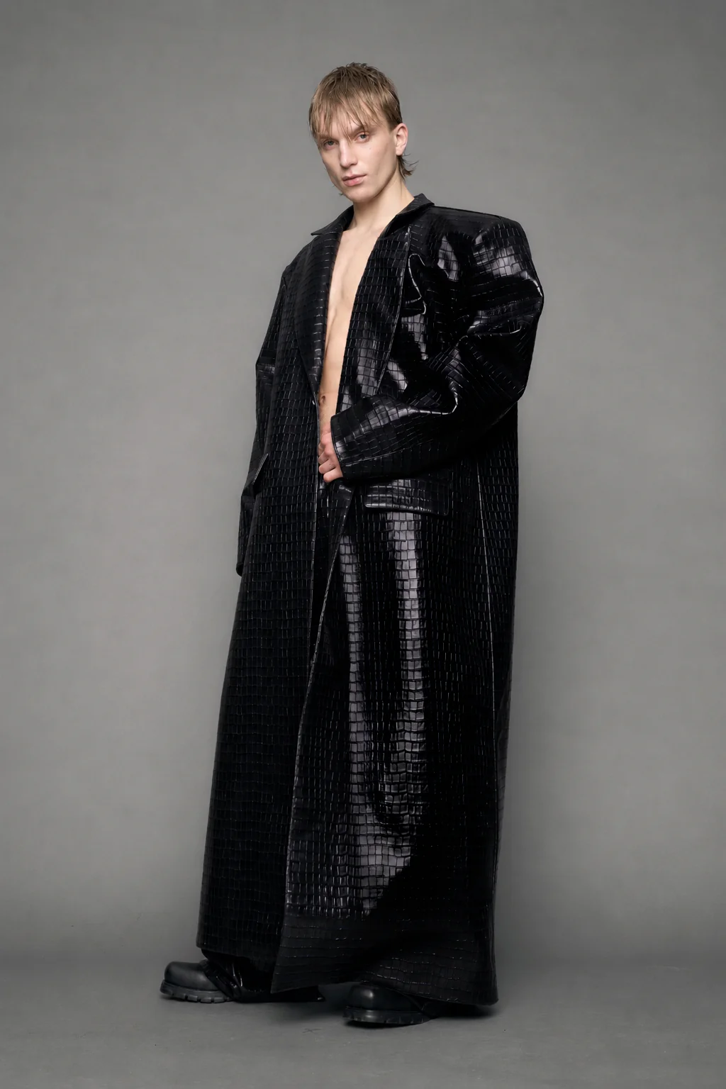 Leather Elongated Croc Blazer Coat - Image 4