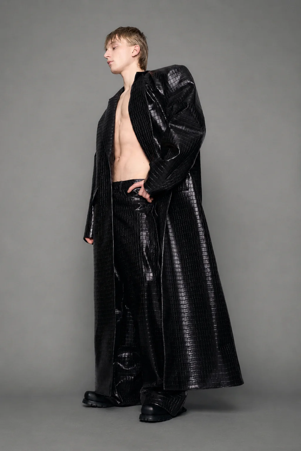 Leather Elongated Croc Blazer Coat - Image 5