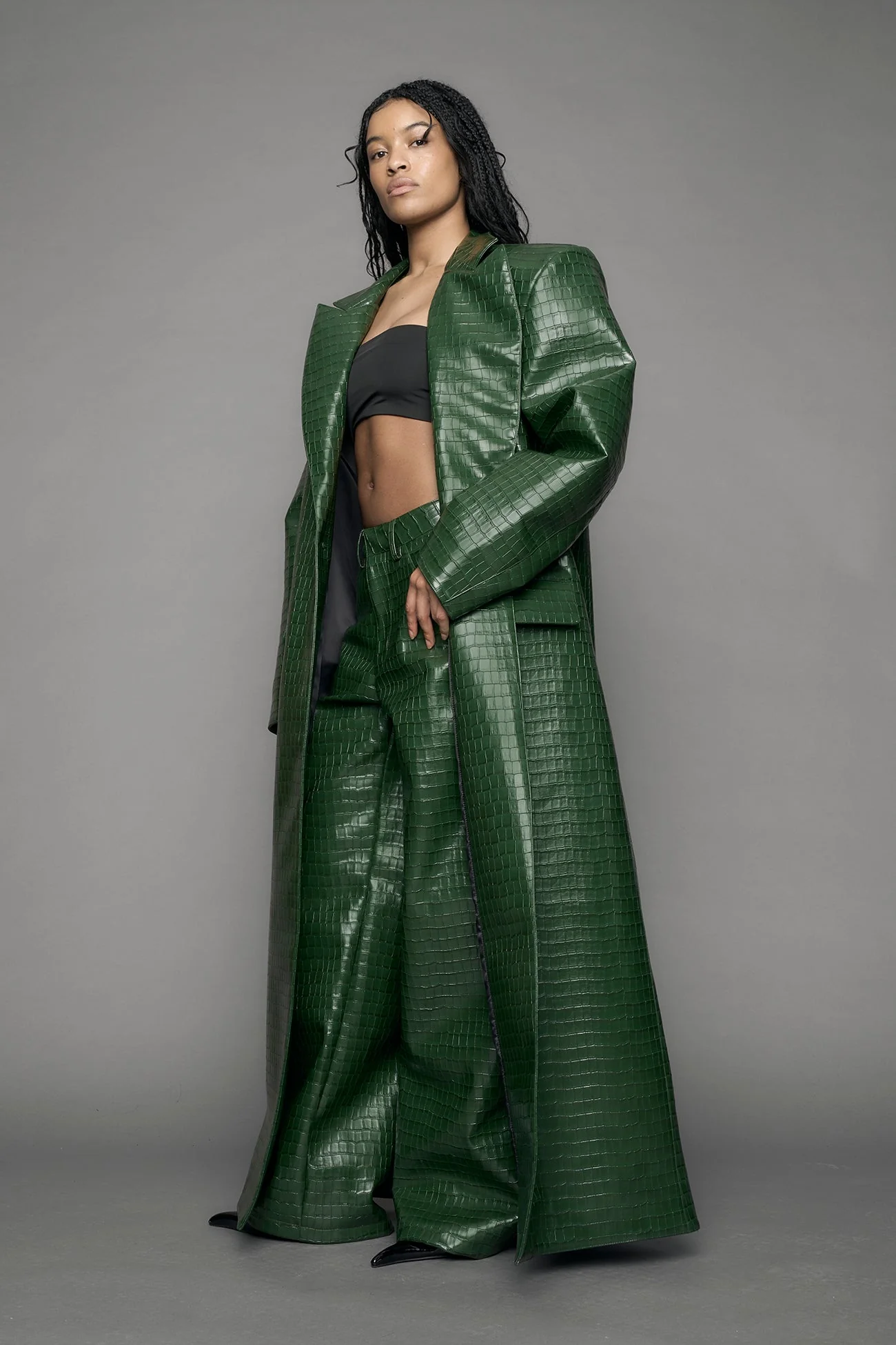 Leather Elongated Croc Blazer Coat - Image 8