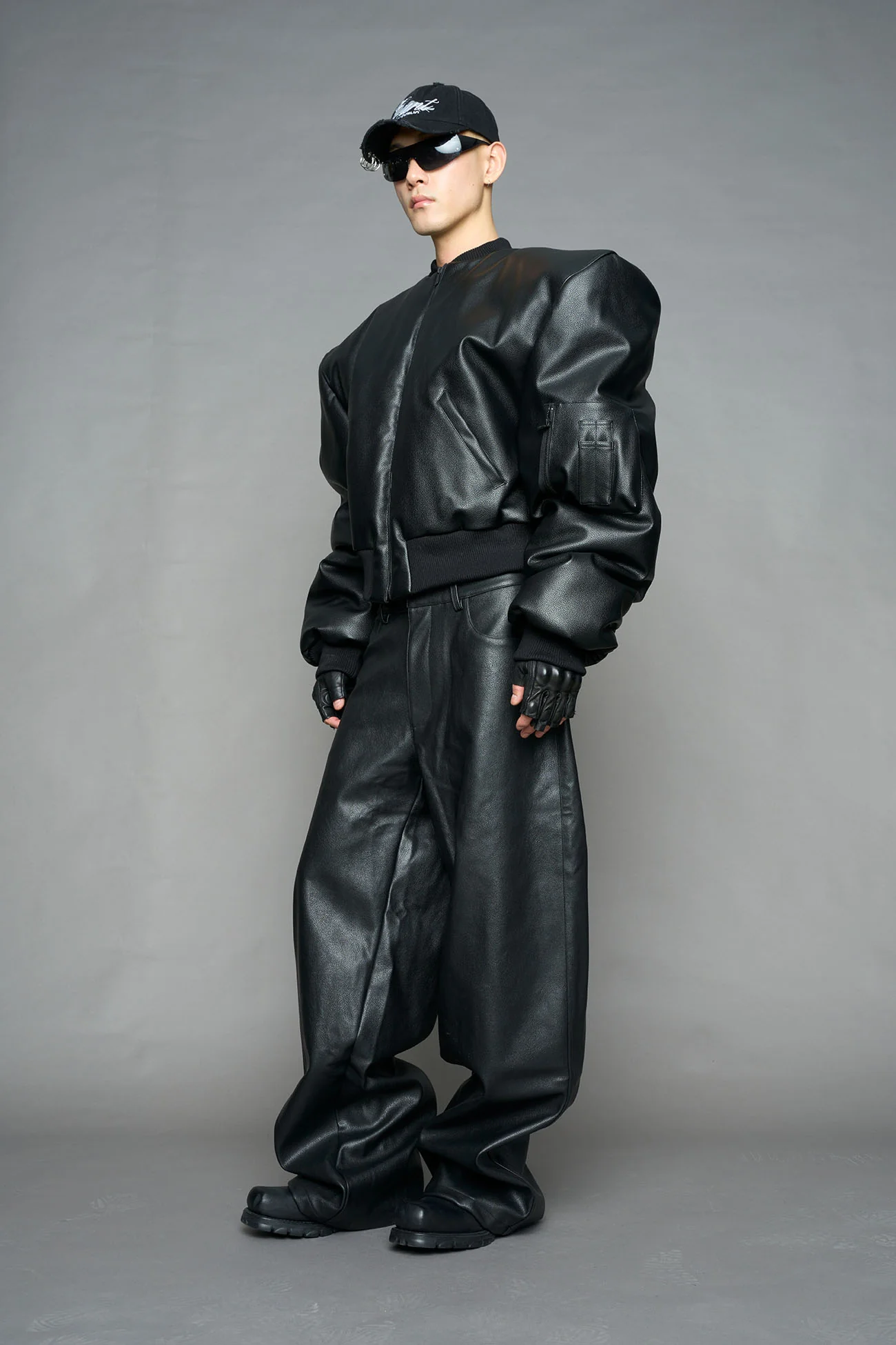 Leather Power Shoulder Bomber Jacket - Image 3